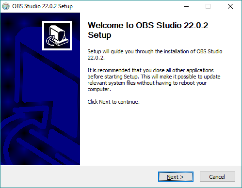 Primeira tela da instalação do OBS Studio