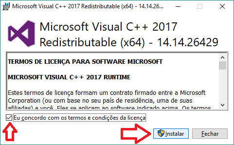 Aceite dos termos de instalação do Visual C++ 2017